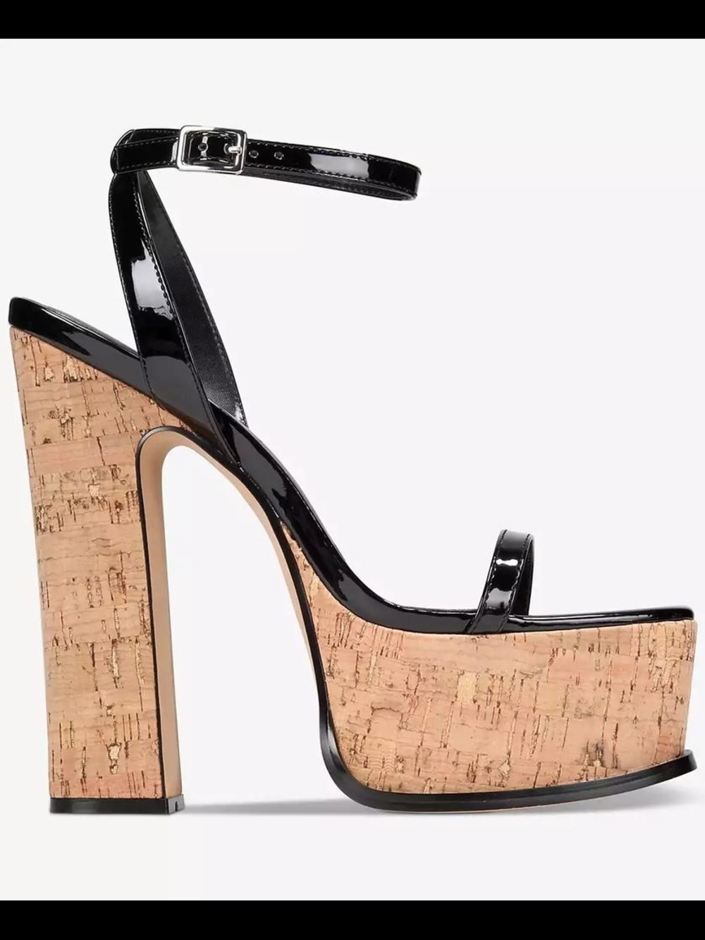 Black Patent Cork Platform Ankle Strap Heels